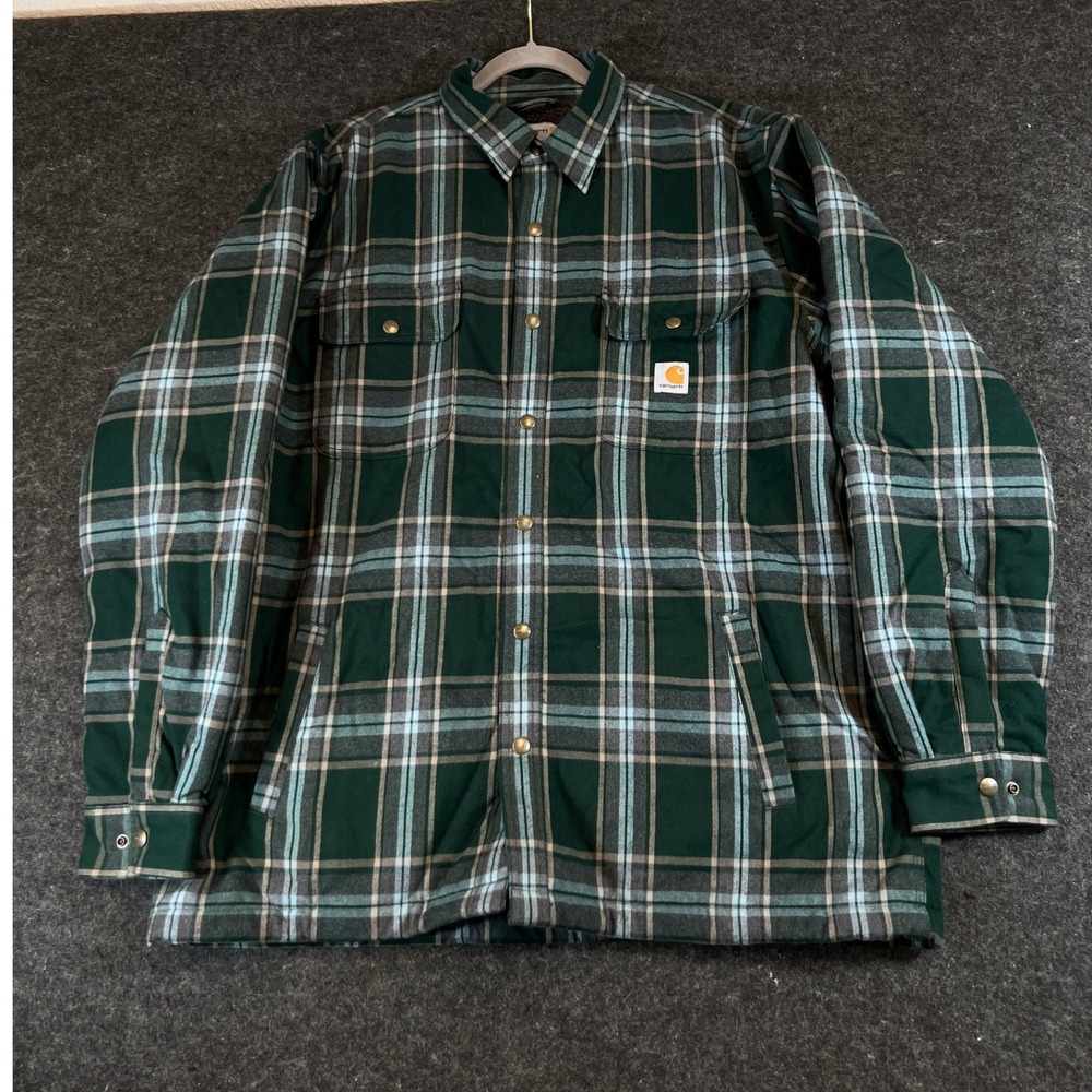Carhartt Shirt Jacket Mens XL Green Sherpa Lined Plaid Flannel Shacket Workwear
